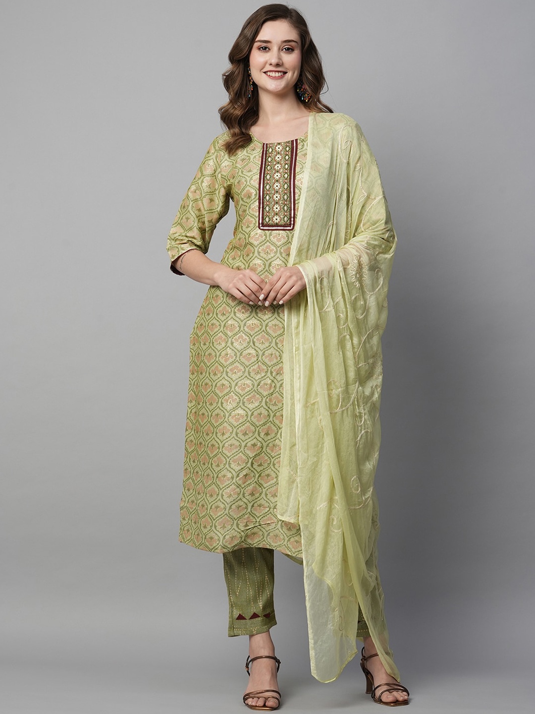 

KALINI Ethnic Motifs Printed Regular Thread Work Kurta With Trousers & Dupatta, Green