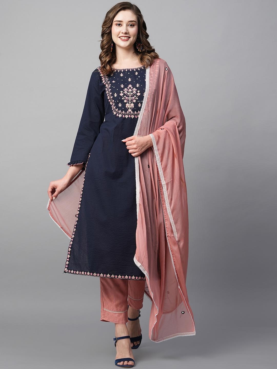 KALINI Ethnic Motifs Yoke Design Pure Cotton Straight Kurta With Trousers & Dupatta, Navy blue