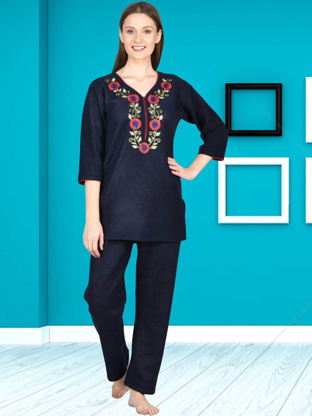 

Noty Floral Embroidered V-Neck Fleece Kurti & Lounge pant, Navy blue