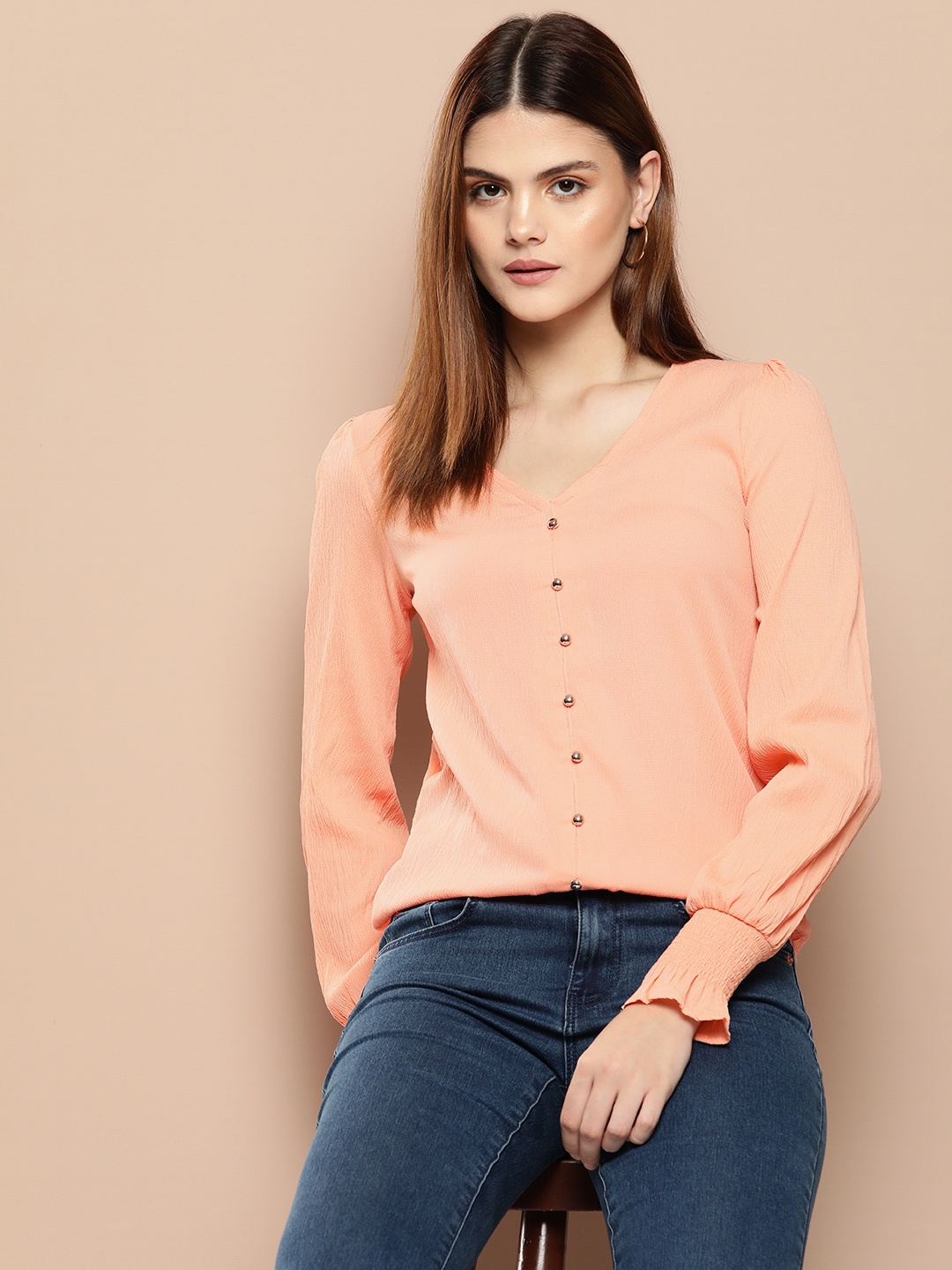 

Chemistry Bishop Sleeves Shirt Style Top, Peach