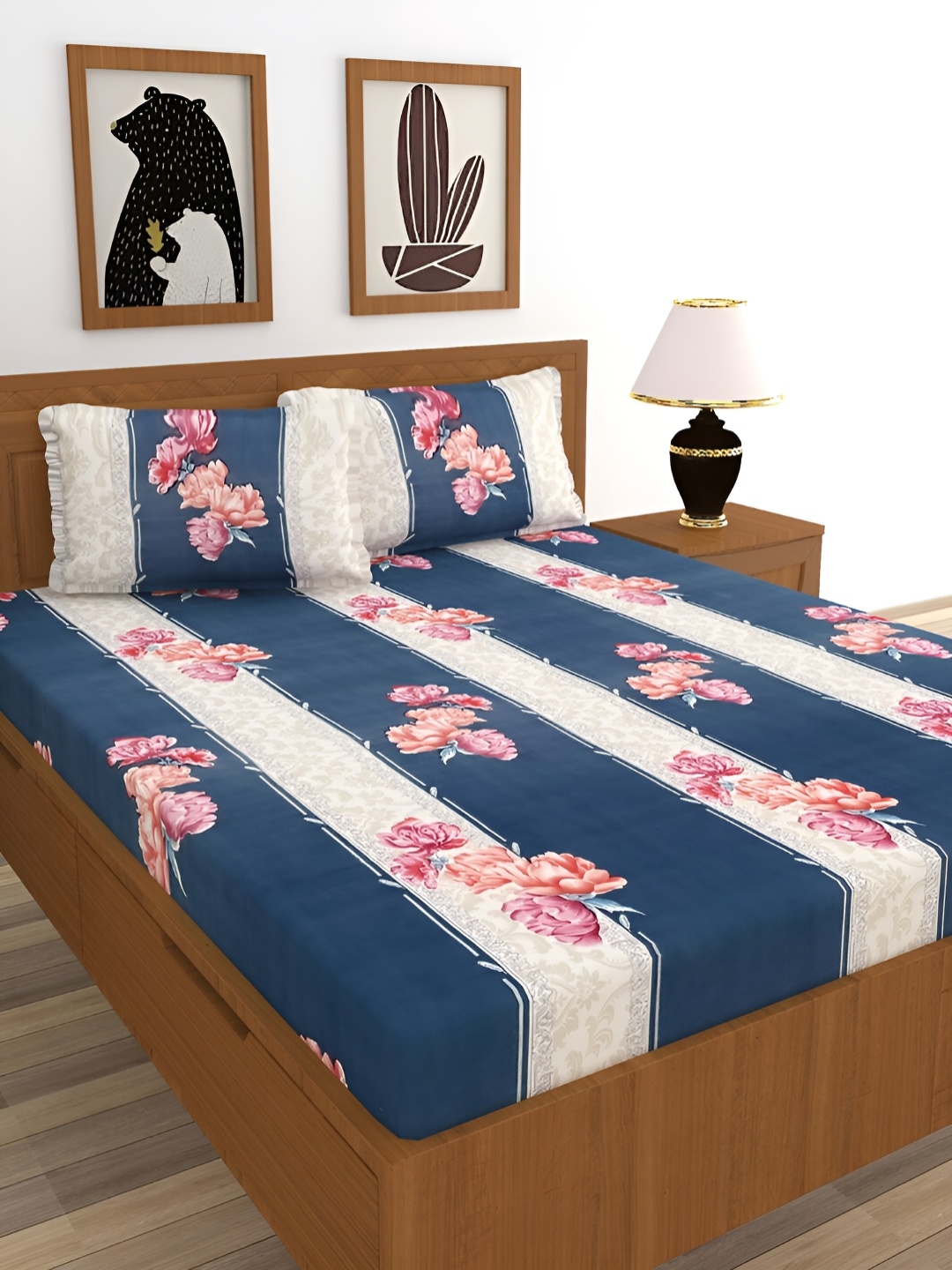 

BREVARD Blue & Beige Poly cotton 210 TC King Bedsheets with 2 Pillow Covers