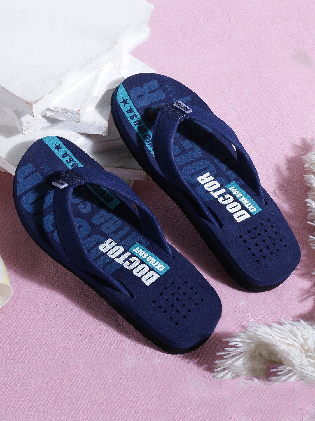 

DOCTOR EXTRA SOFT Men Printed Orthopedic Non-Slip Thong Flip-Flops, Navy blue