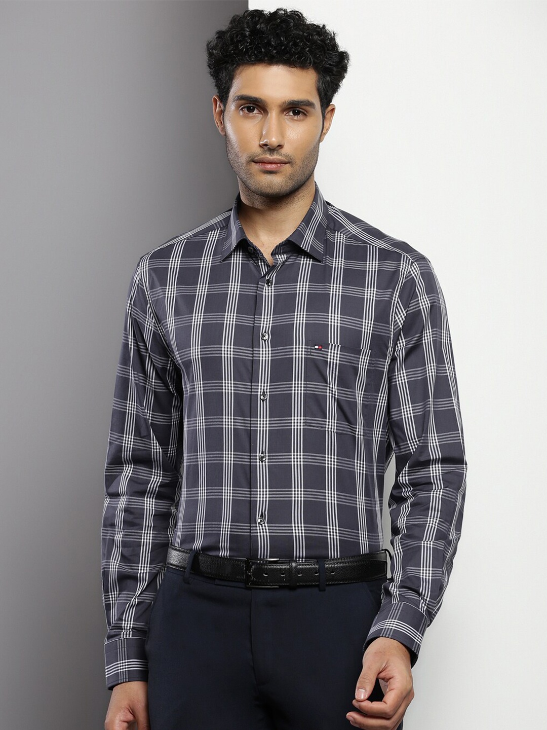 

Tommy Hilfiger Buffalo Checked Spread Collar Pure Cotton Formal Shirt, Grey