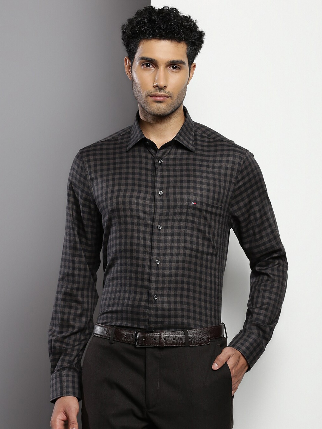 

Tommy Hilfiger Checked Spread Collar Pure Cotton Formal Shirt, Black
