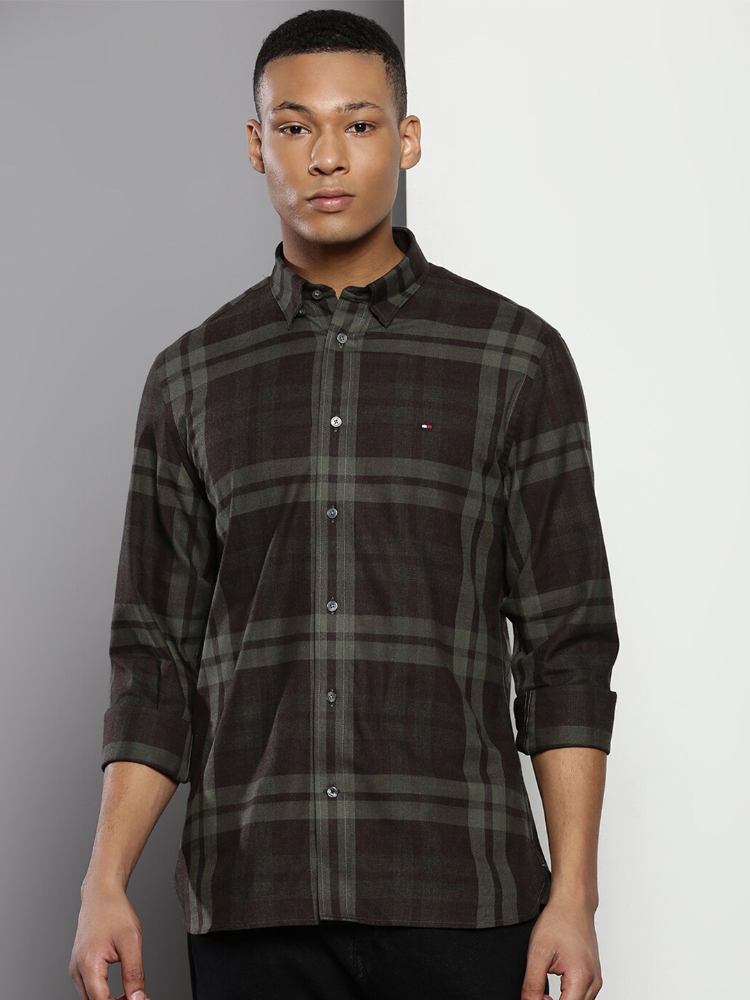 

Tommy Hilfiger Spread Collar Tartan Checked Casual Pure Cotton Shirt, Brown