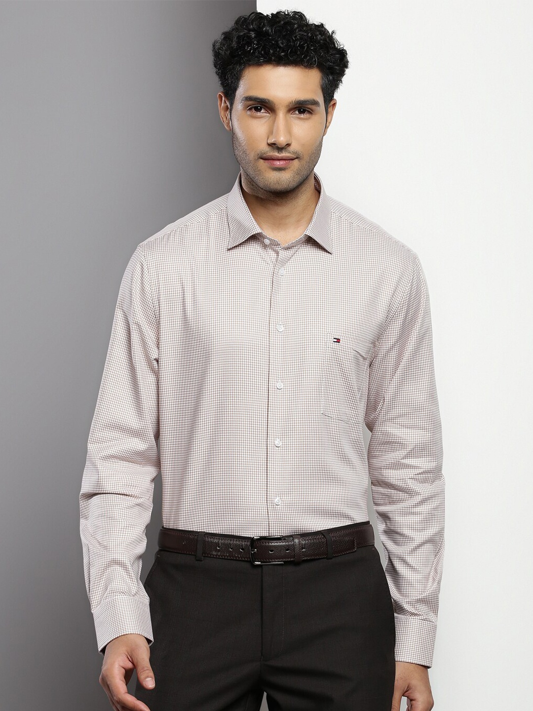 

Tommy Hilfiger Spread Collar Micro Checked Casual Shirt, Beige