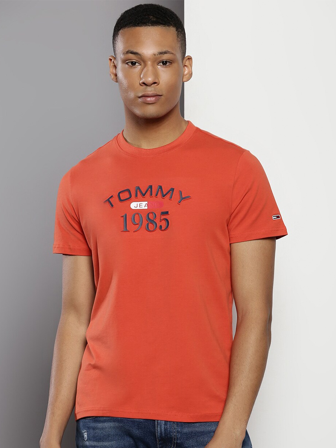 

Tommy Hilfiger Typography Printed Cotton Slim Fit T-shirt, Orange