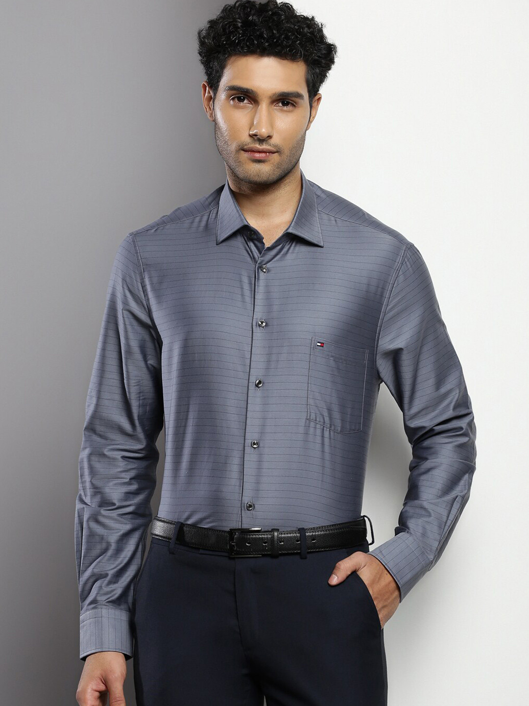 

Tommy Hilfiger Horizontal Striped Spread Collar Pure Cotton Formal Shirt, Grey