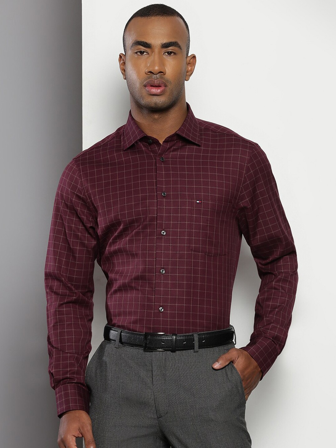 

Tommy Hilfiger Grid Tattersall Checks Cotton Formal Shirt, Burgundy