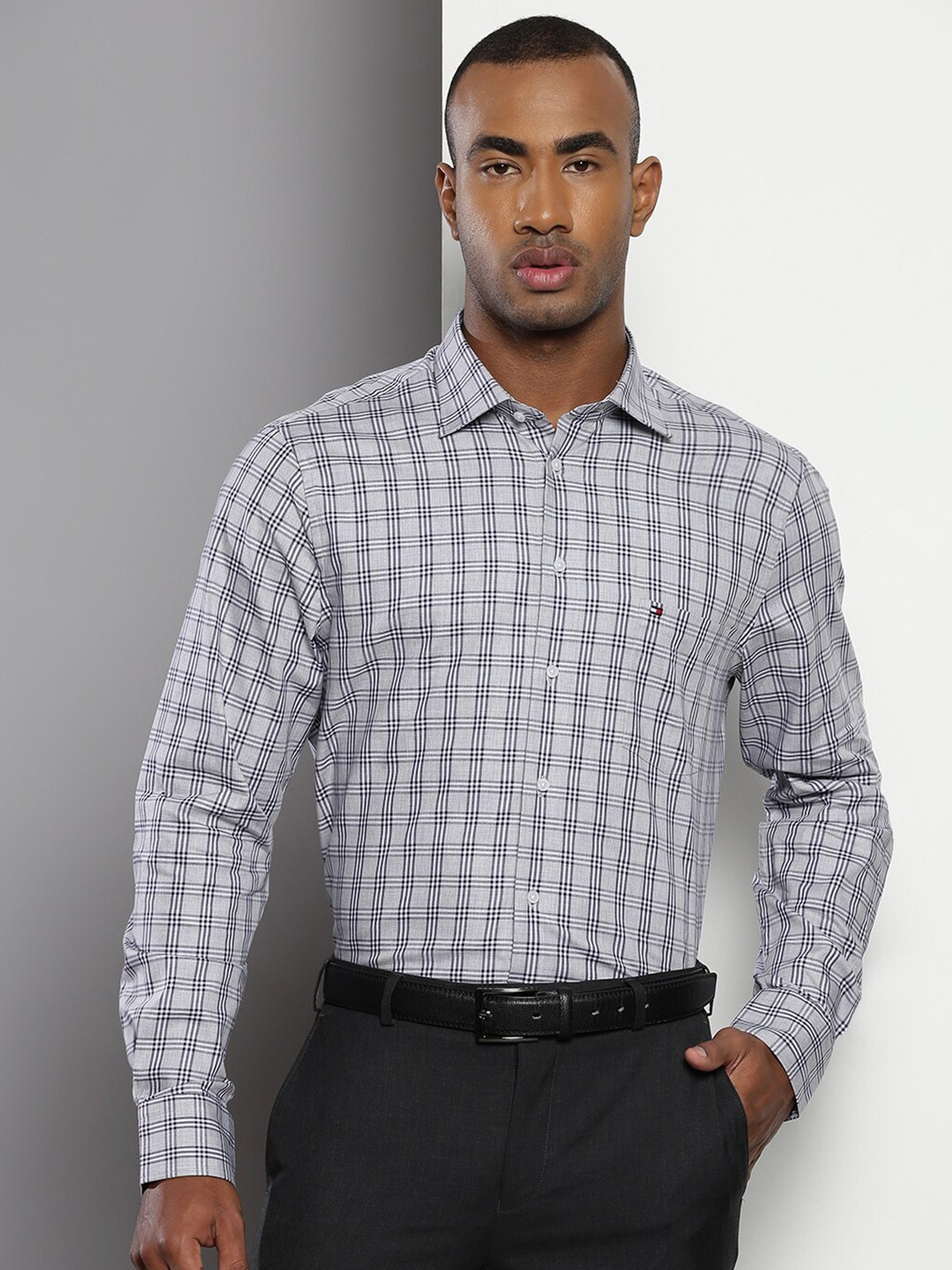 

Tommy Hilfiger Checked Spread Collar Pure Cotton Formal Shirt, Grey
