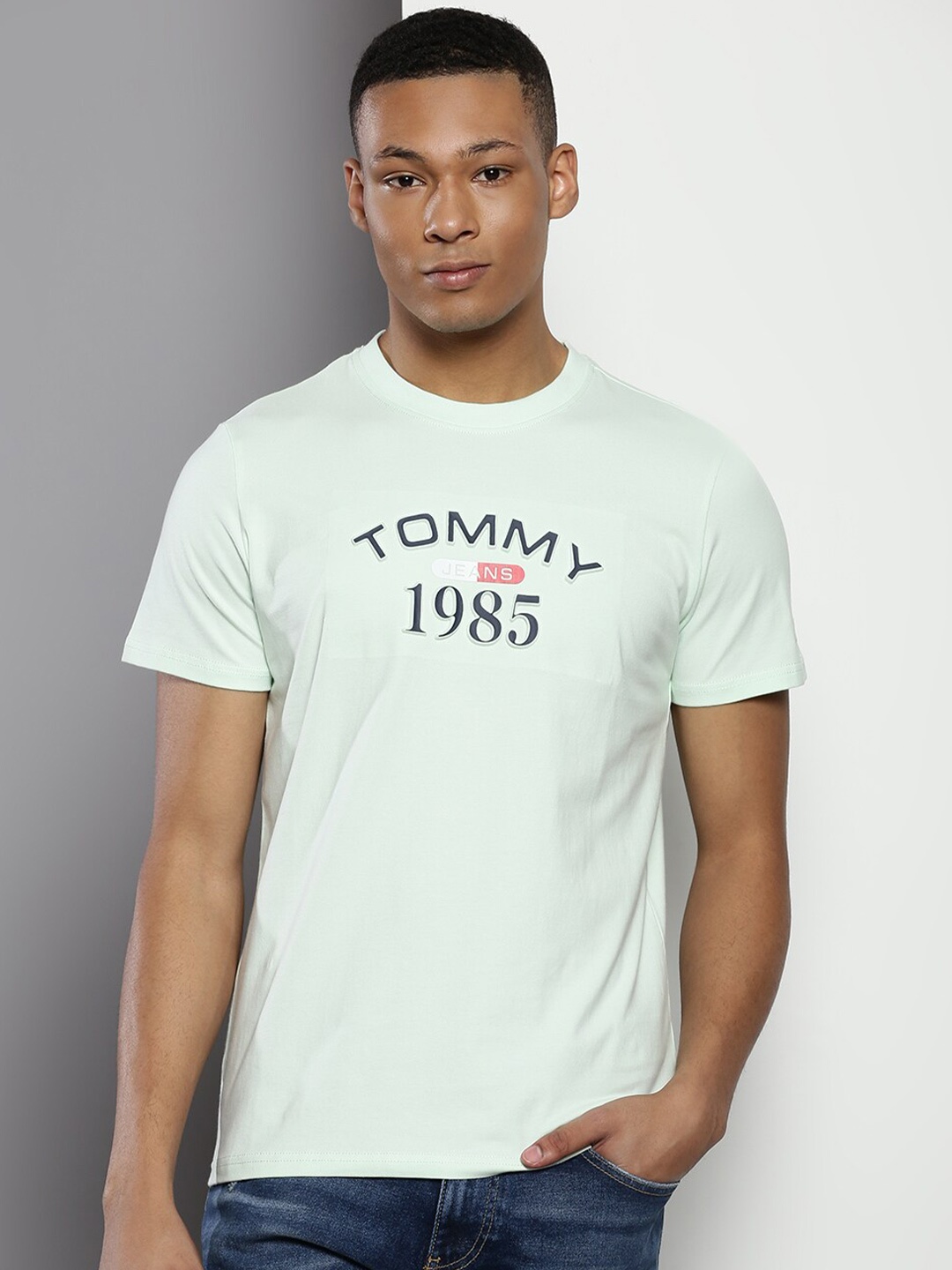 

Tommy Hilfiger Typography Printed Round Neck Cotton Slim Fit T-shirt, Green