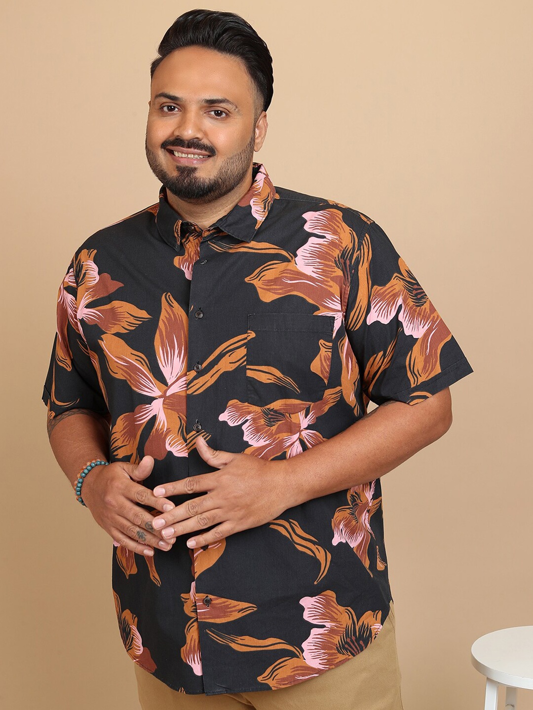 

HIGHLANDER Plus Size Floral Printed Cotton Casual Shirt, Black