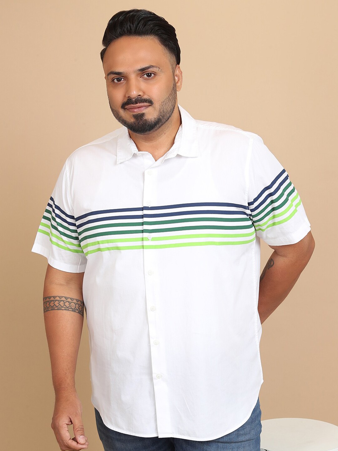 

HIGHLANDER Plus Size Horizontal Stripes Cotton Casual Shirt, White