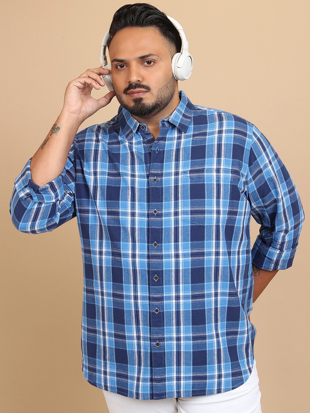 

HIGHLANDER Blue Plus Size Tartan Checks Casual Shirt