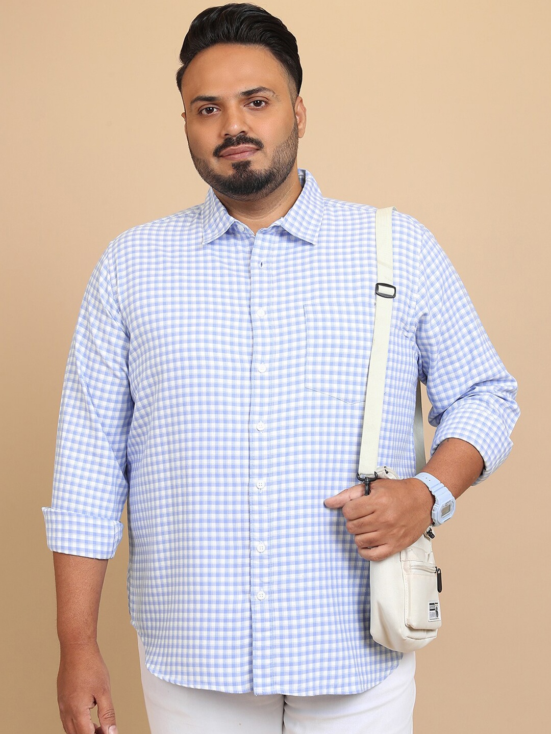 

HIGHLANDER Plus Size Grid Tattersall Checks Casual Shirt, White