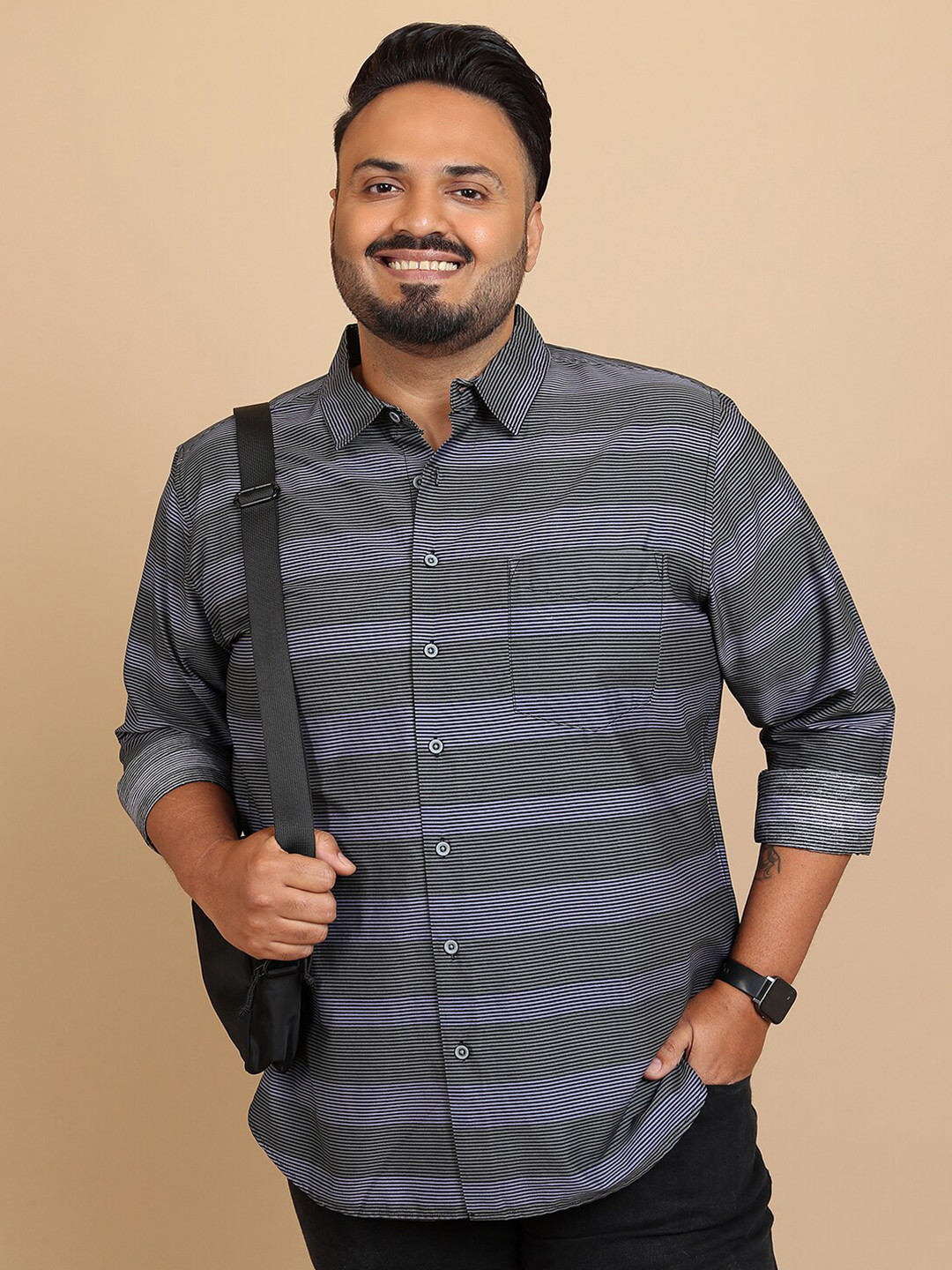 

HIGHLANDER Plus Size Horizontal Stripes Cotton Casual Shirt, Black