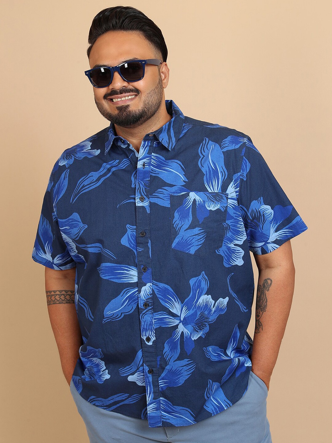 HIGHLANDER Plus Size Floral Printed Cotton Casual Shirt, Blue