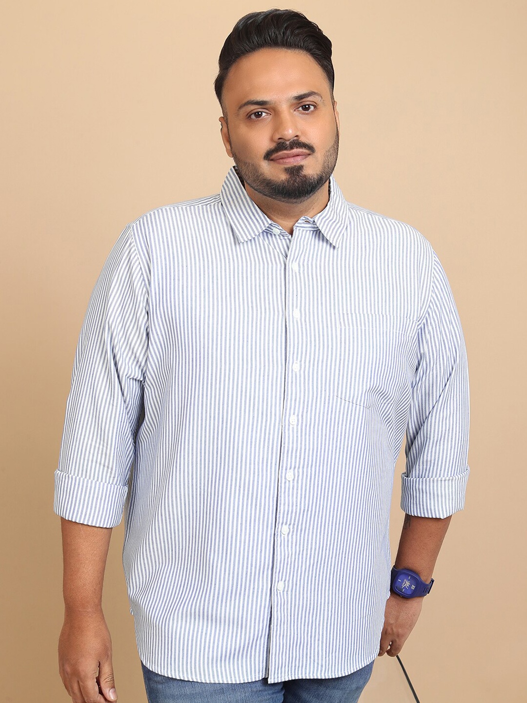 

HIGHLANDER Plus Size Vertical Striped Regular Fit Cotton Casual Shirt, White