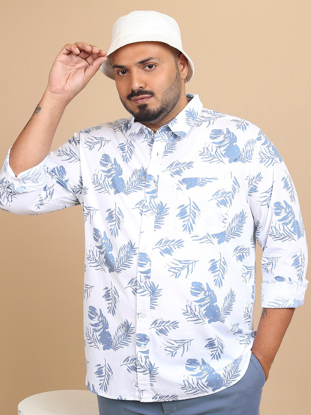 

HIGHLANDER Plus Size Floral Printed Cotton Casual Shirt, White