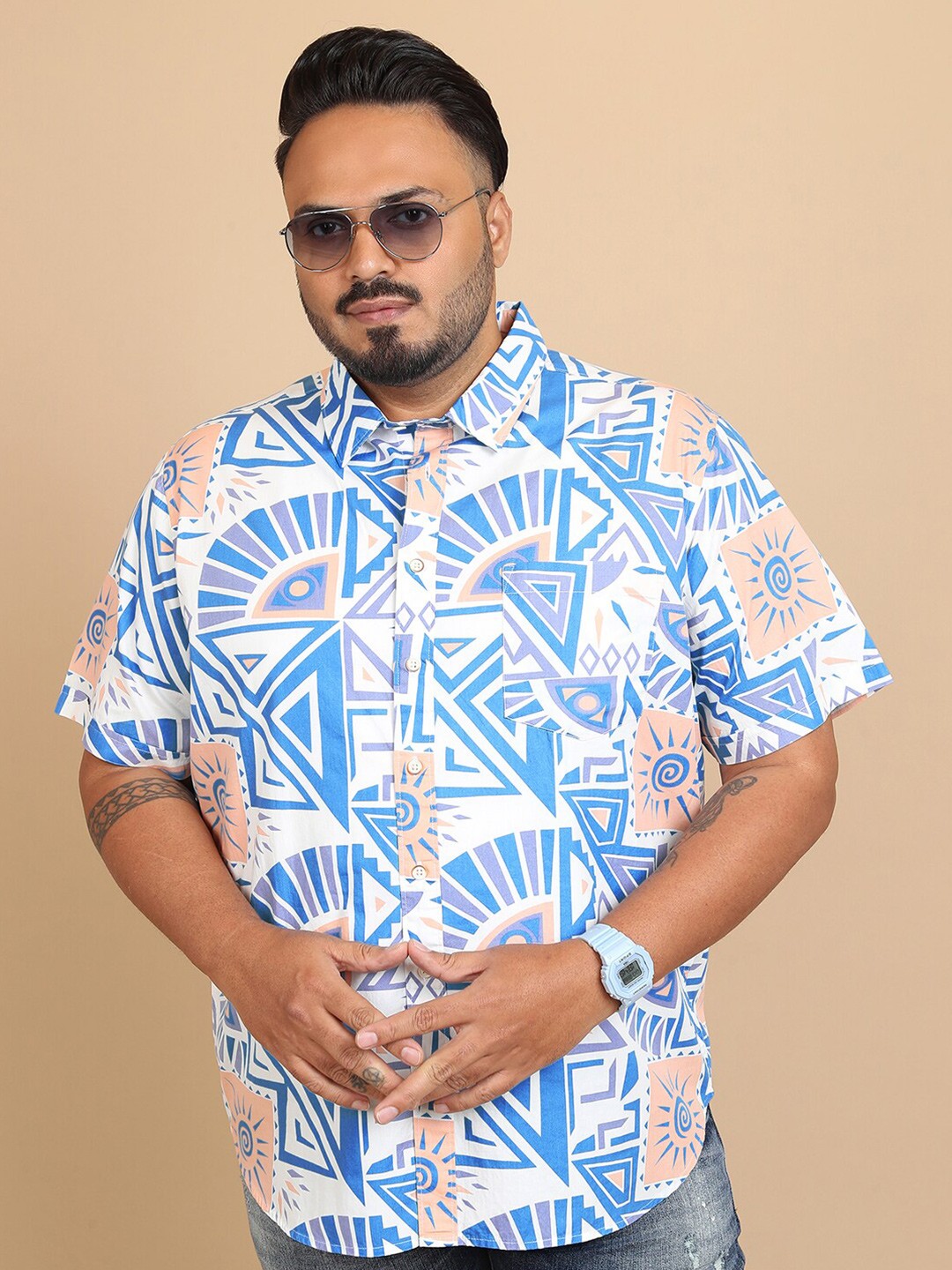 

HIGHLANDER Plus Size Geometric Printed Spread Collar Regular Fit Shirt, White