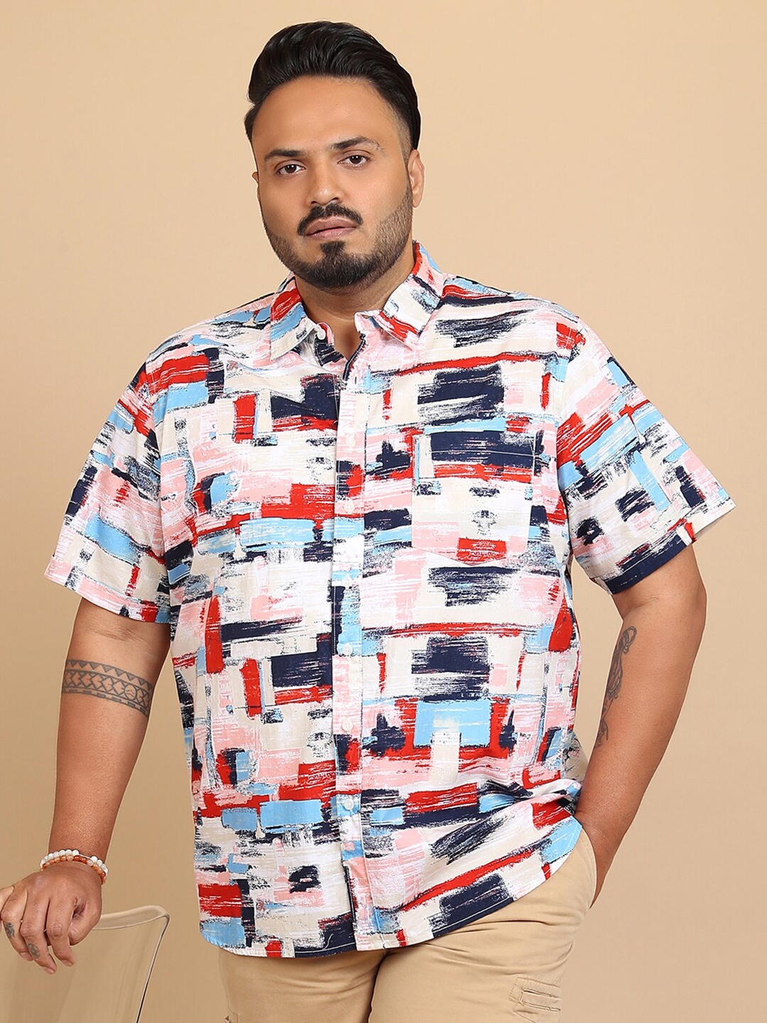 

HIGHLANDER Plus Size Abstract Printed Regular Fit Cotton Casual Shirt, White