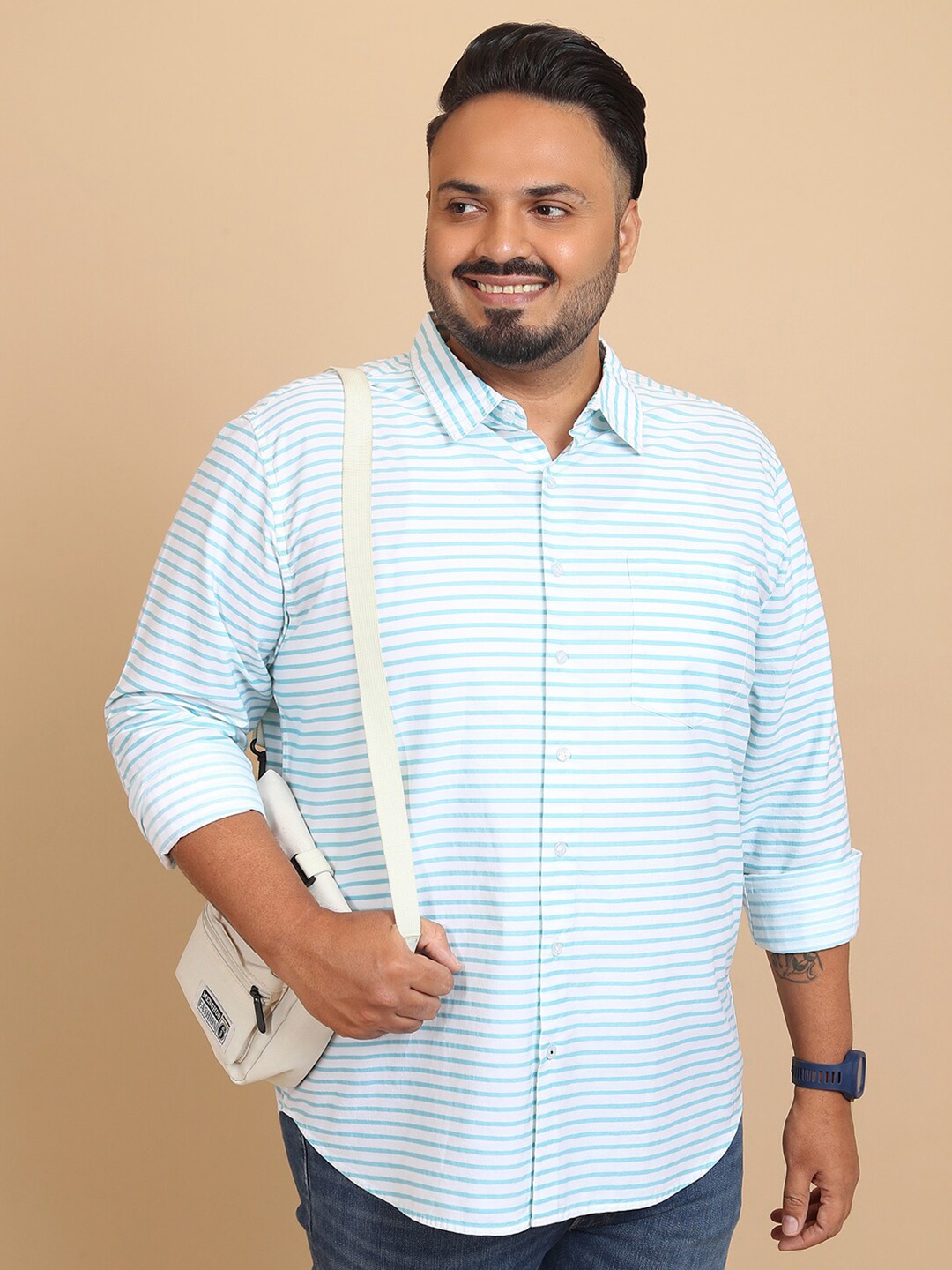 

HIGHLANDER Plus Size Horizontal Striped Regular Fit Cotton Casual Shirt, White