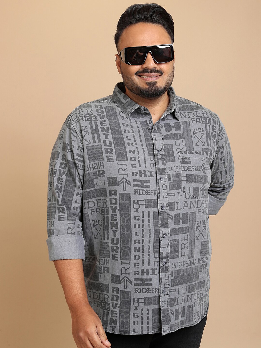 

HIGHLANDER Plus Size Typography Printed Cotton Casual Shirt, Grey