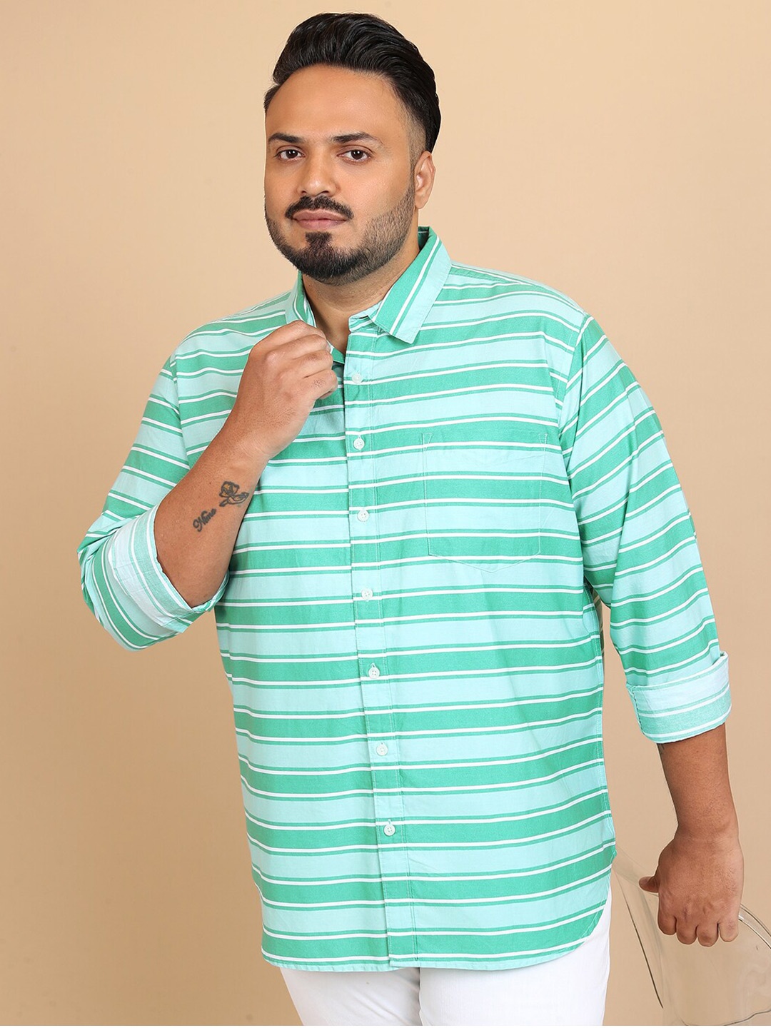 

HIGHLANDER Plus Size Horizontal Striped Cotton Casual Shirt, Green