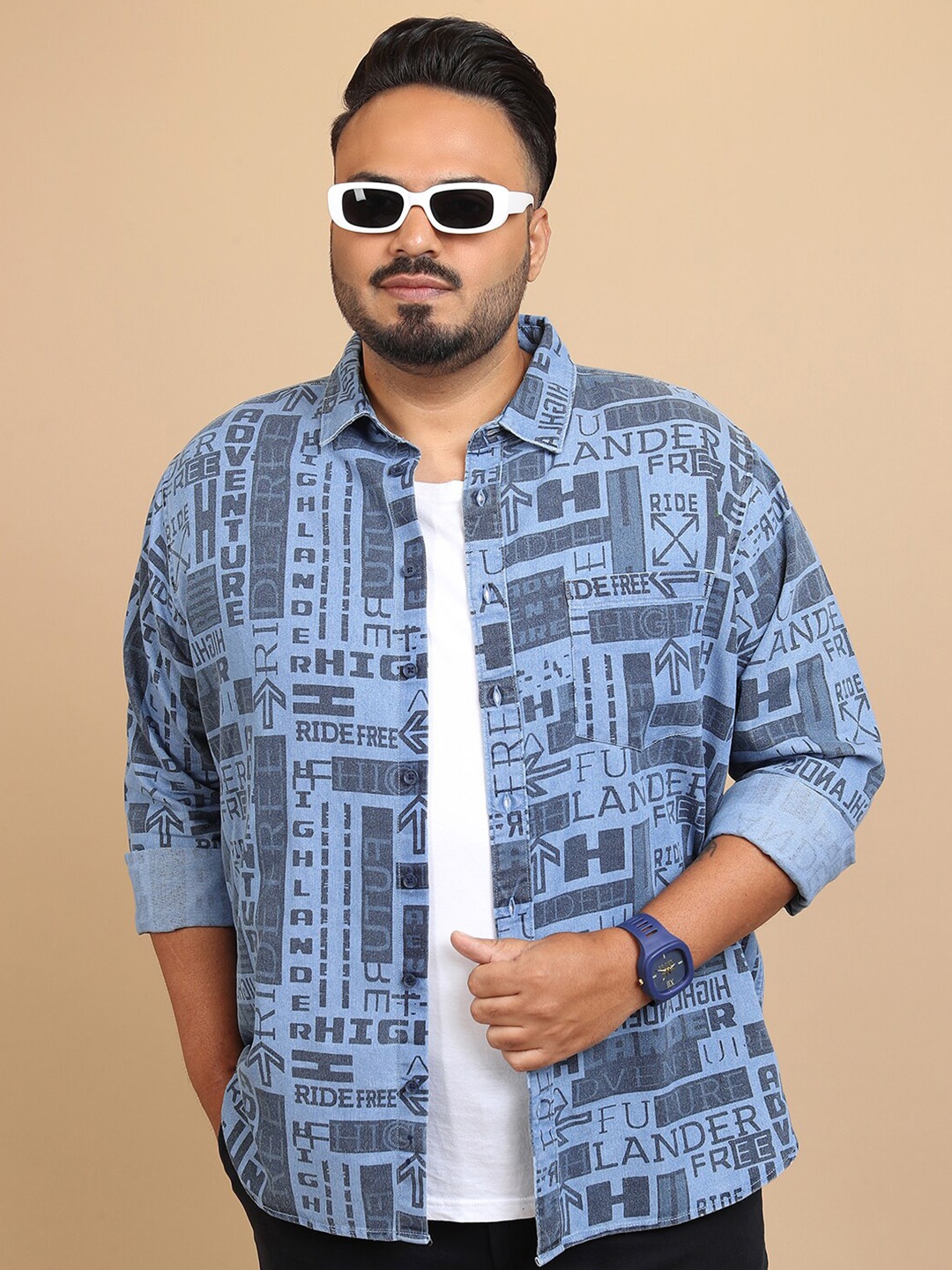 

HIGHLANDER Plus Size Typography Printed Casual Shirt, Blue