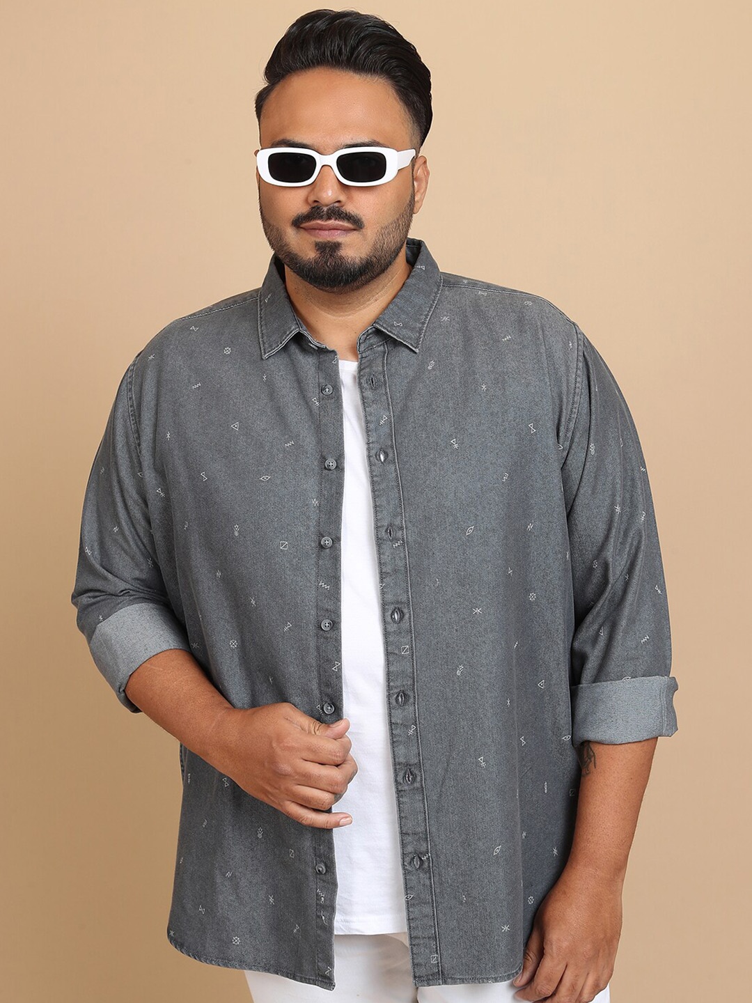 

HIGHLANDER Grey Plus Size Conversational Printed Cotton Casual Shirt