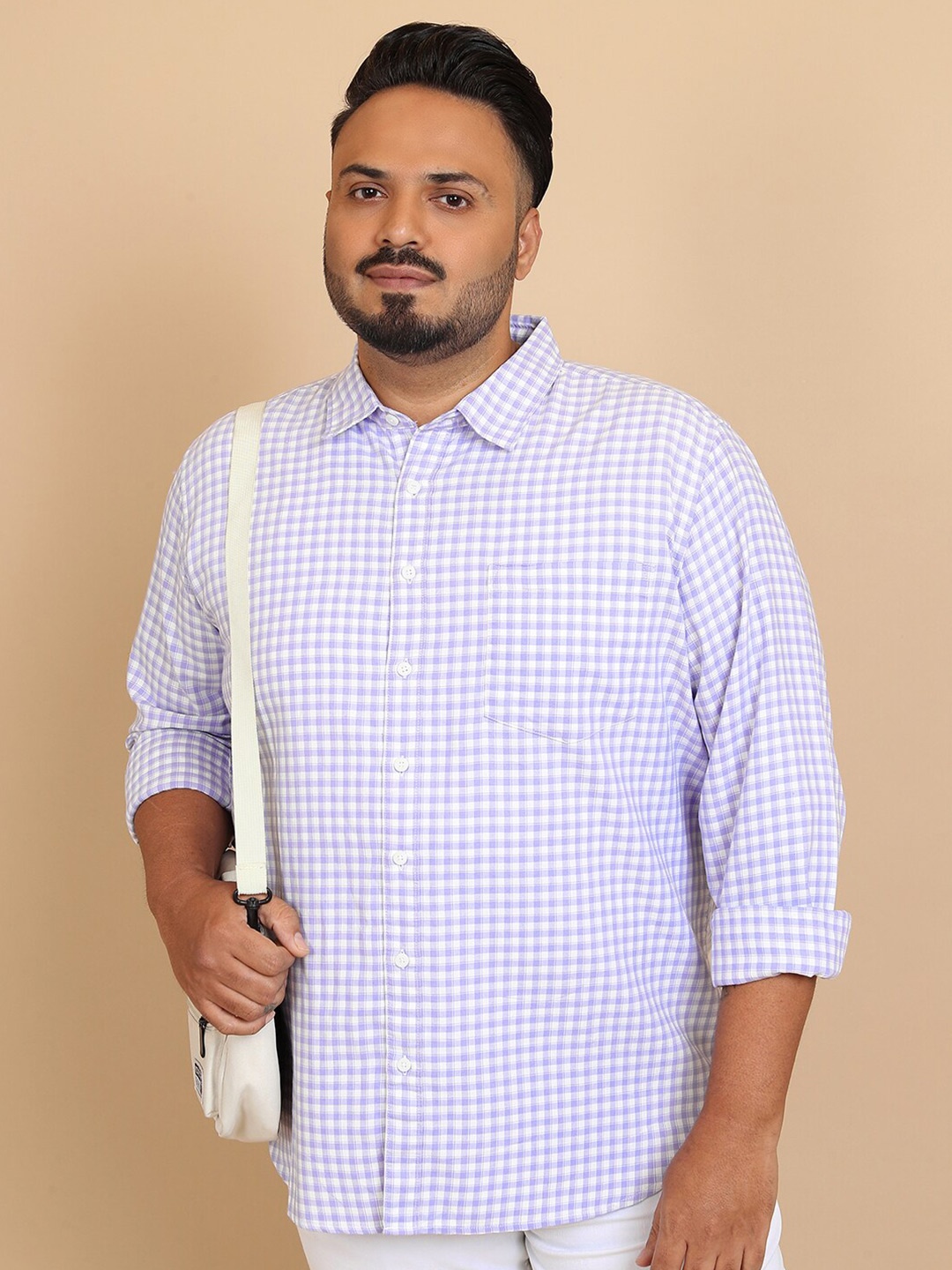 

HIGHLANDER White Plus Size Gingham Checks Casual Shirt, Lavender