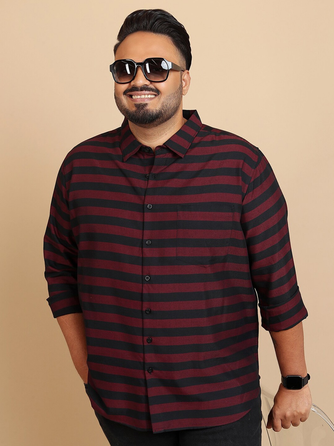 

HIGHLANDER Plus Size Horizontal Stripes Casual Shirt, Maroon