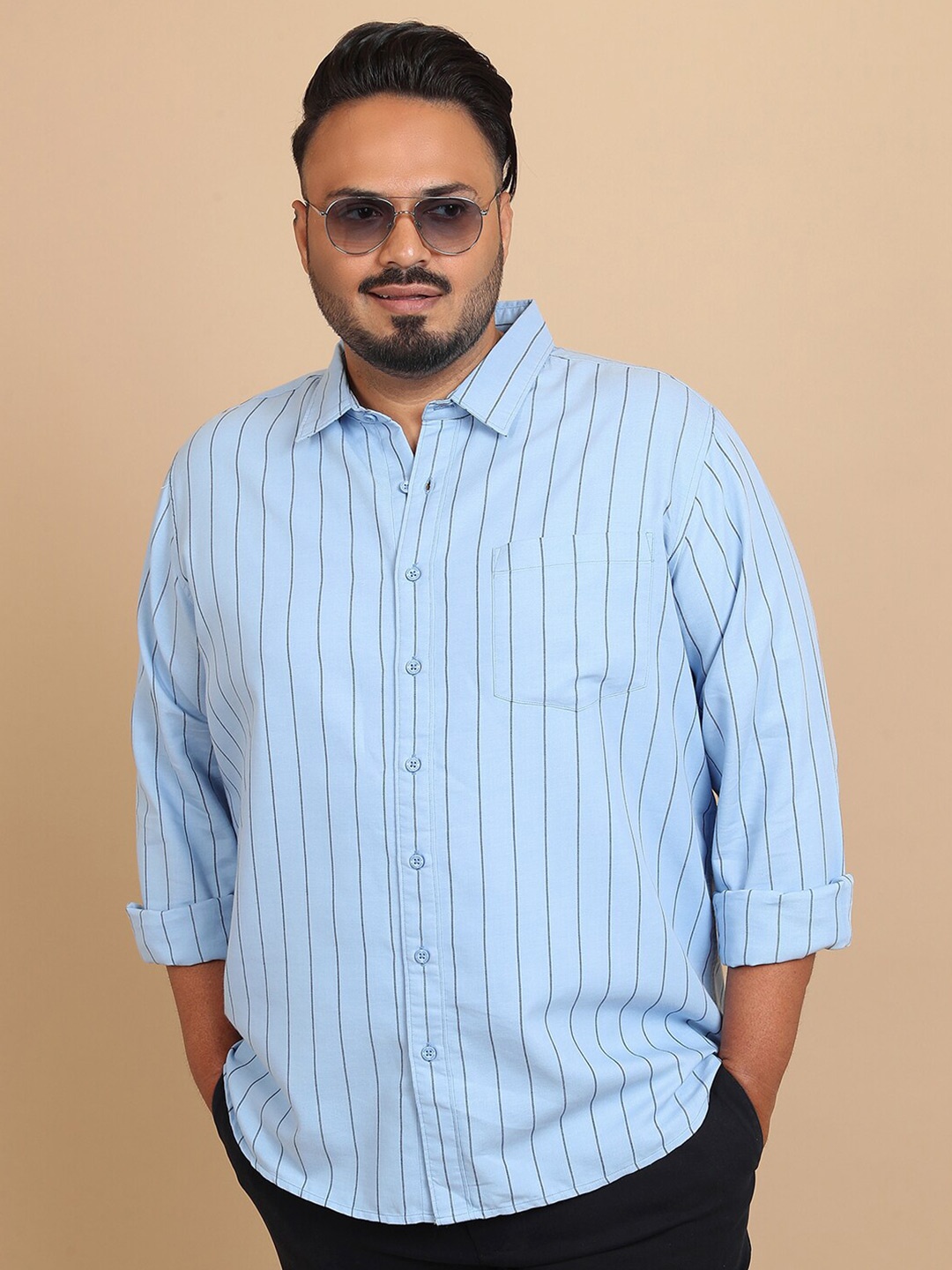 

HIGHLANDER Plus Size Vertical Striped Regular Fit Cotton Casual Shirt, Blue