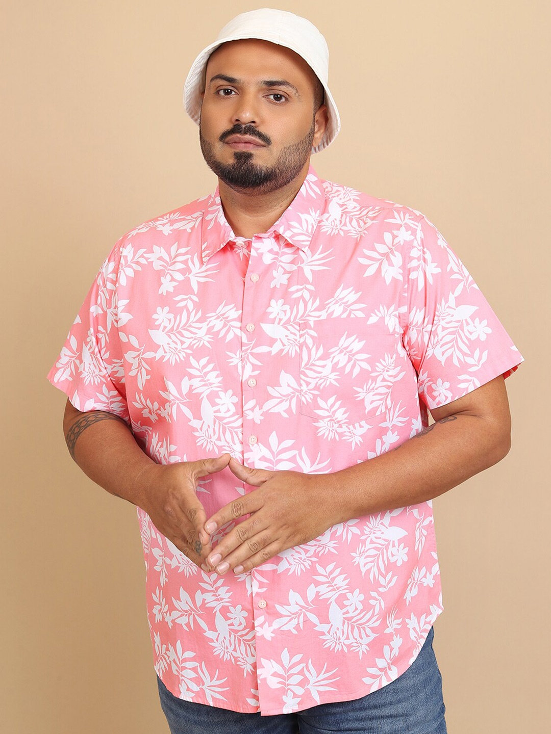 

HIGHLANDER Pink Plus Size Floral Printed Cotton Casual Shirt