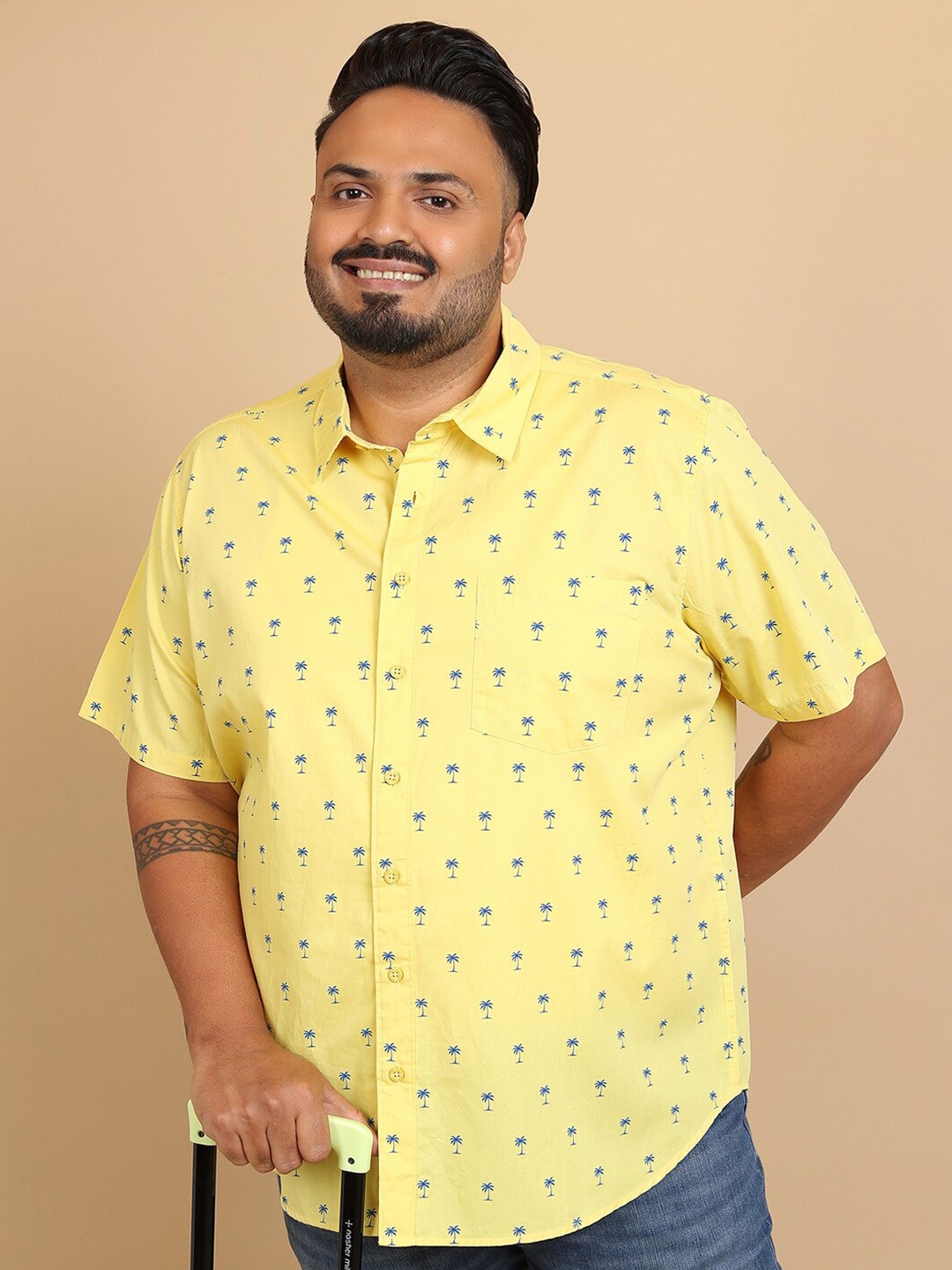 

HIGHLANDER Plus Size Tropical Printed Cotton Casual Shirt, Yellow