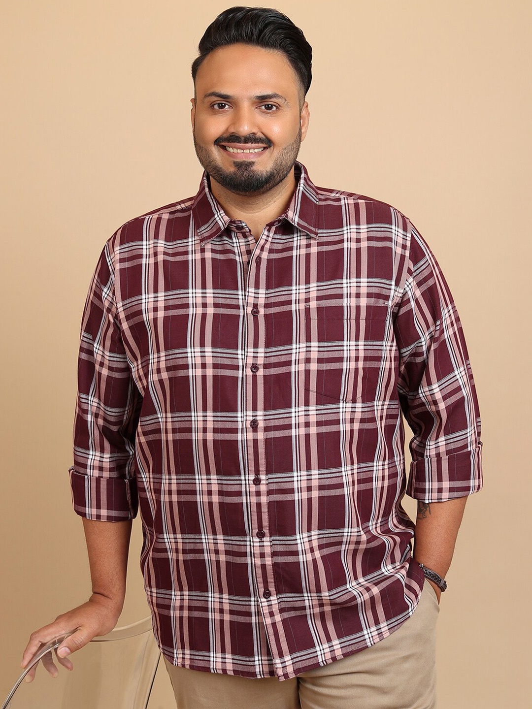

HIGHLANDER Plus Size Tartan Checks Casual Shirt, Maroon