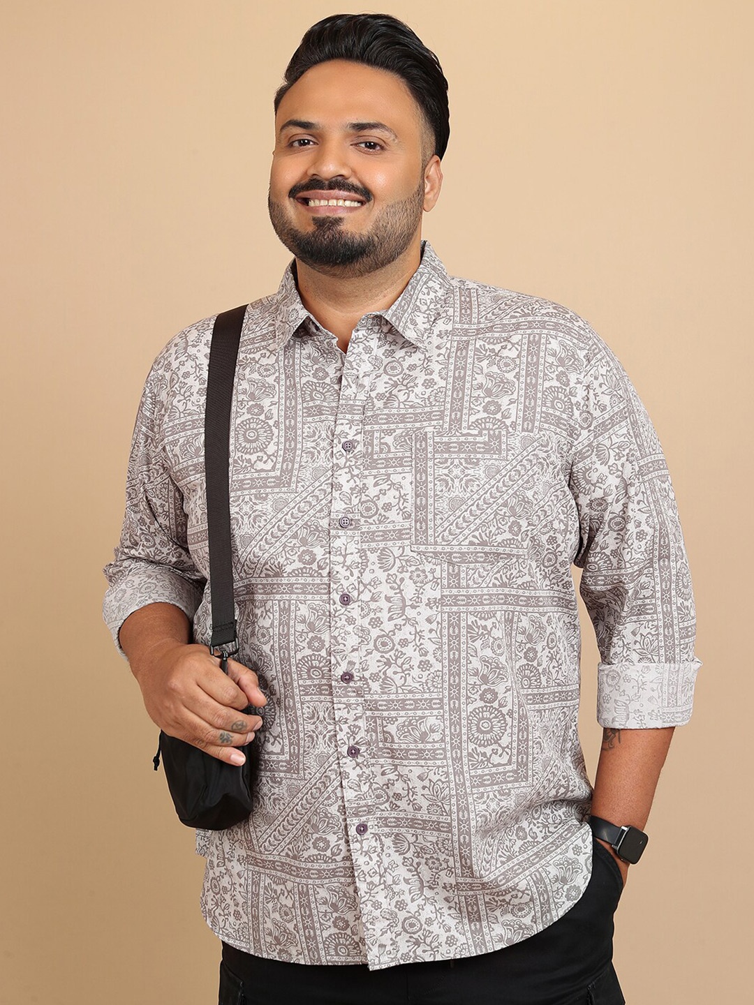 

HIGHLANDER Plus Size Ethnic motifs Printed Cotton Casual Shirt, Grey