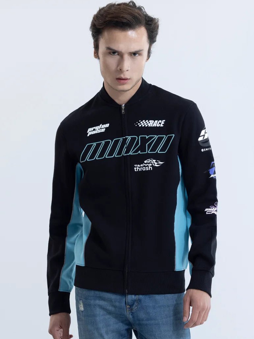

Snitch Black & Blue Typography Printed Lightweight Cotton Bomber Jacket