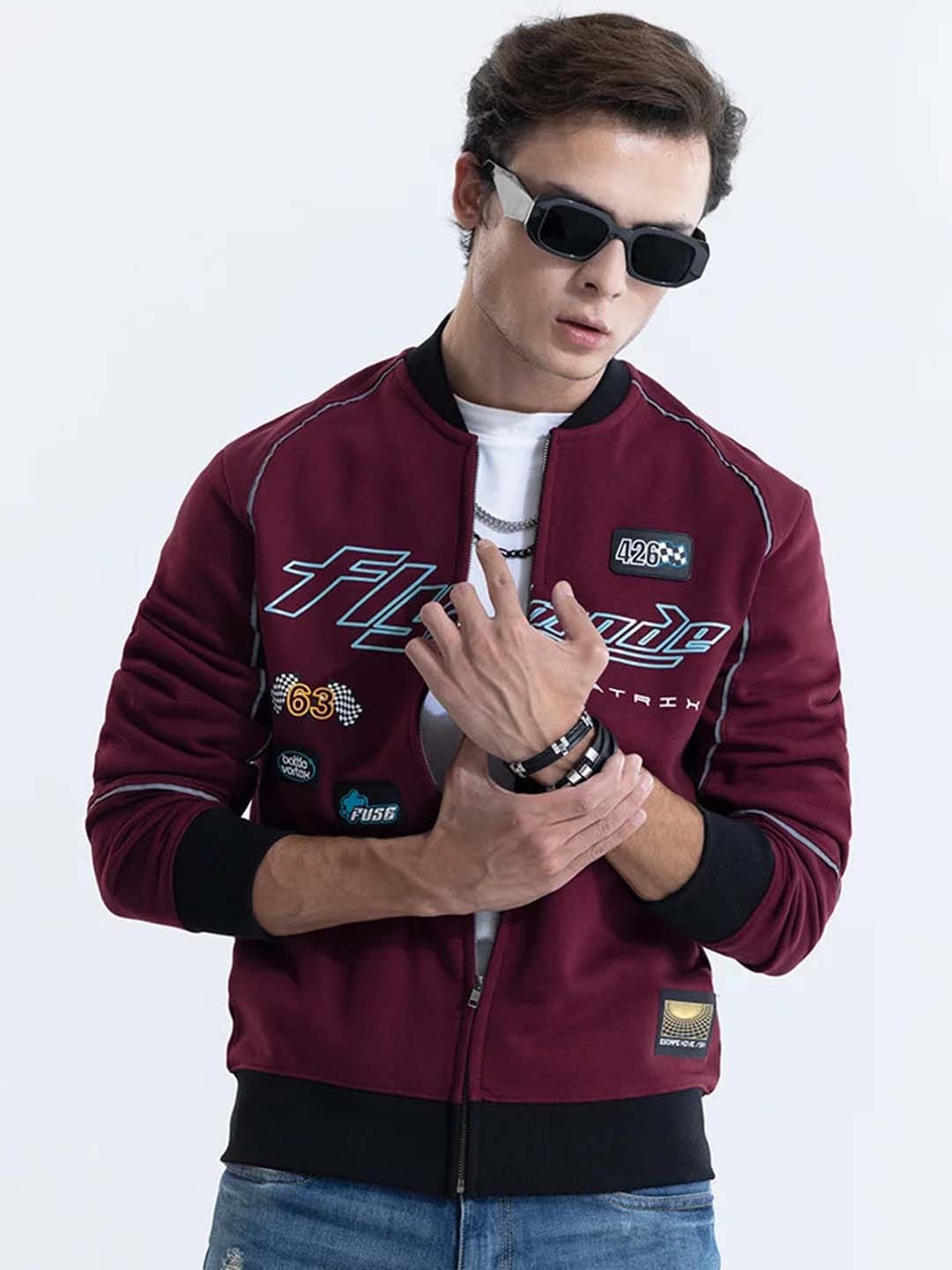 

Snitch Burgundy & Blue Typography Printed Lightweight Cotton Bomber Jacket