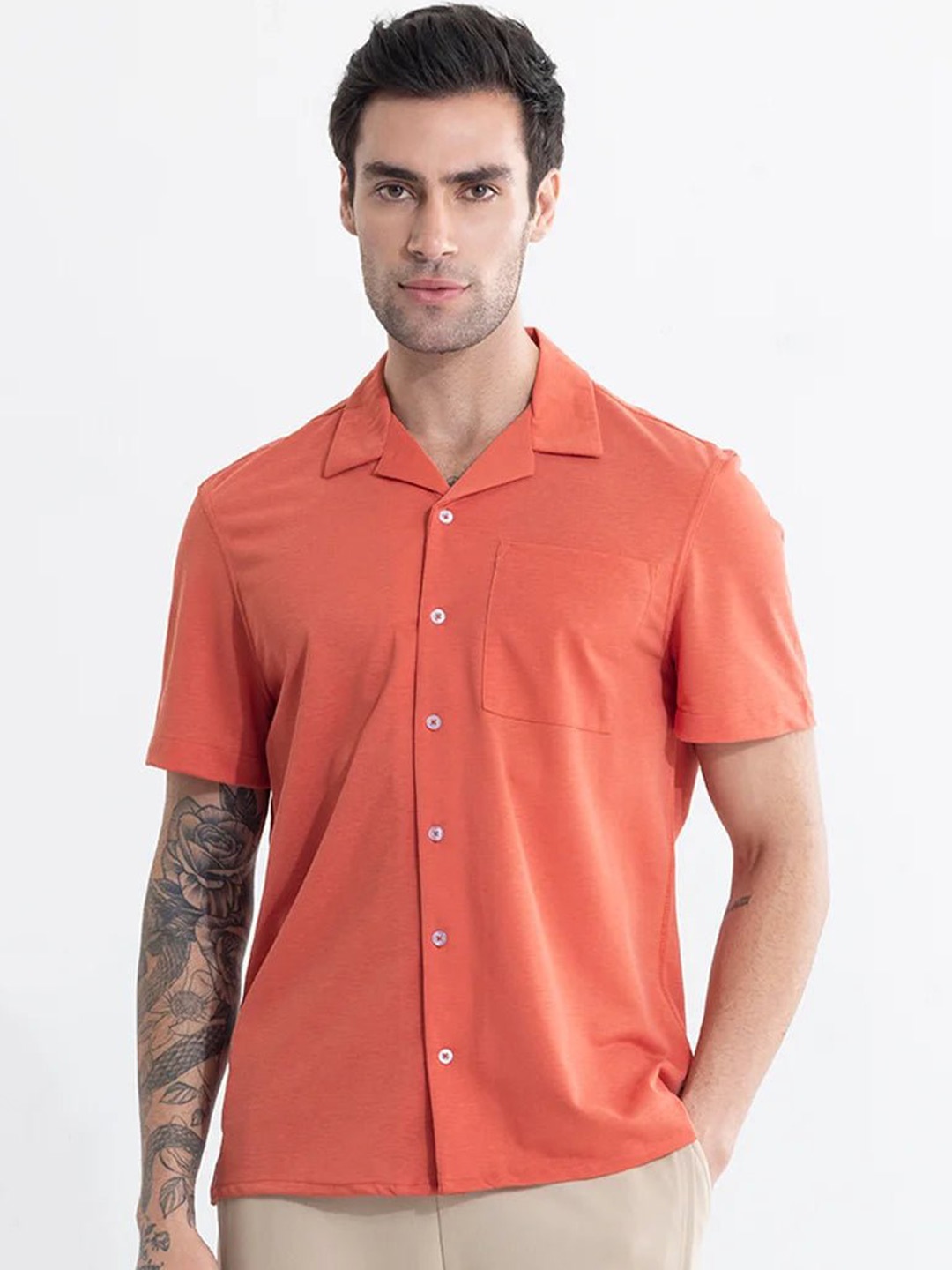

Snitch Orange Classic Cuban Collar Oversized Pure Cotton Casual Shirt