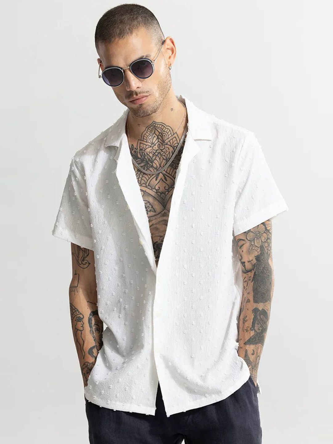 

Snitch Self Design Textured Classic Casual Shirt, White
