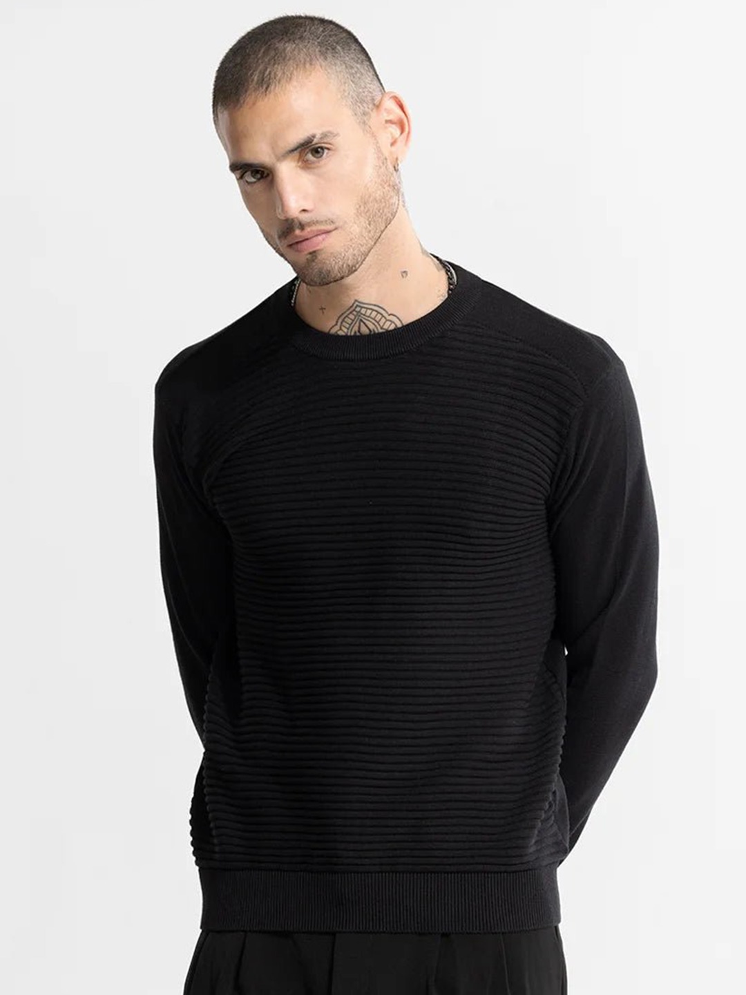 

Snitch Black Striped Round Neck Pure Cotton Pullover