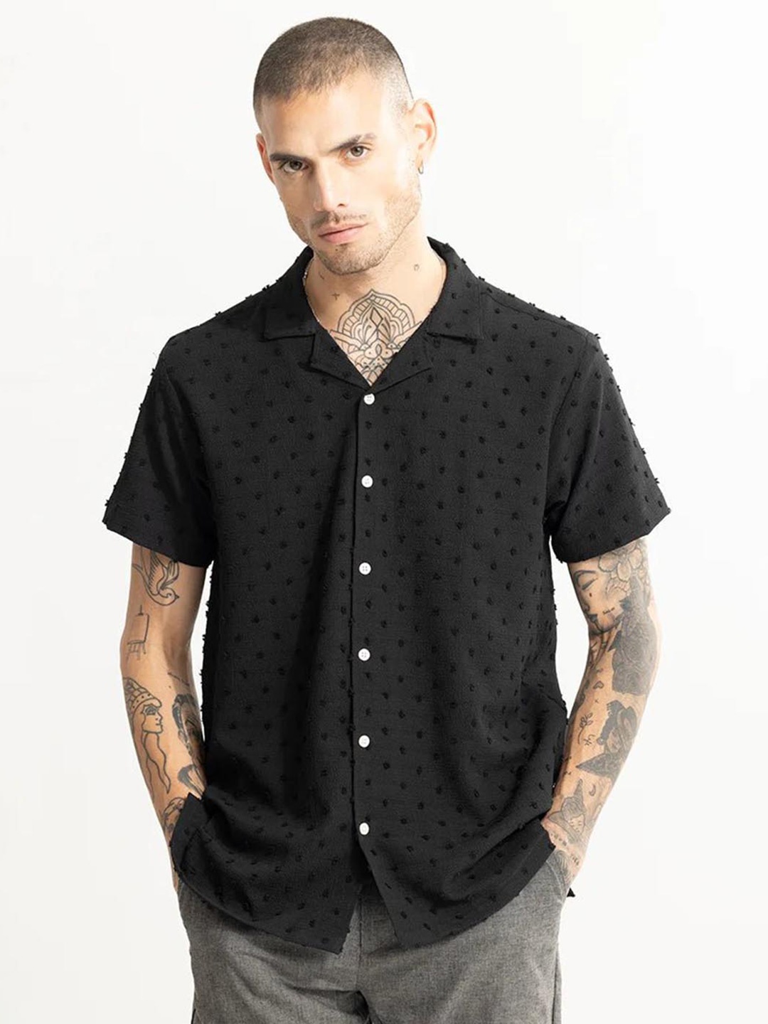 

Snitch Black Geometric Self Design Oversized Classic Opaque Casual Shirt
