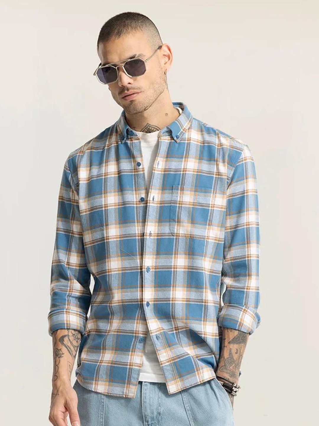 

Snitch Blue Classic Slim Fit Tartan Checked Pure Cotton Casual Shirt