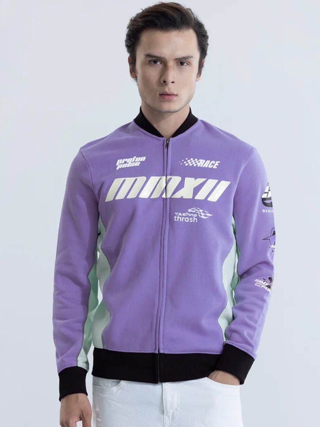 

Snitch Lavender & White Typography Printed Lightweight Cotton Bomber Jacket