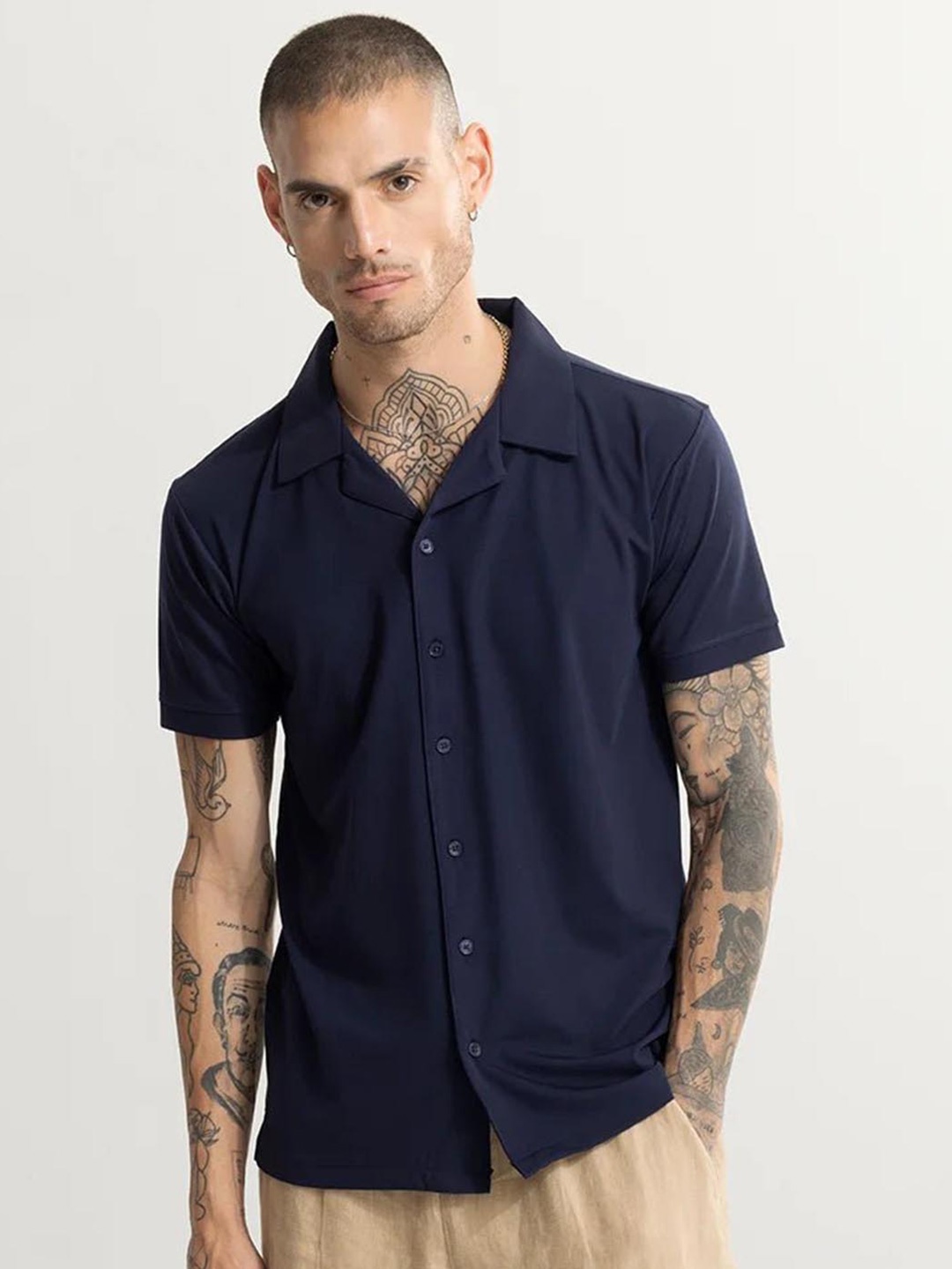 

Snitch Classic Slim Fit Cuban Collar Pure Cotton Casual Shirt, Navy blue