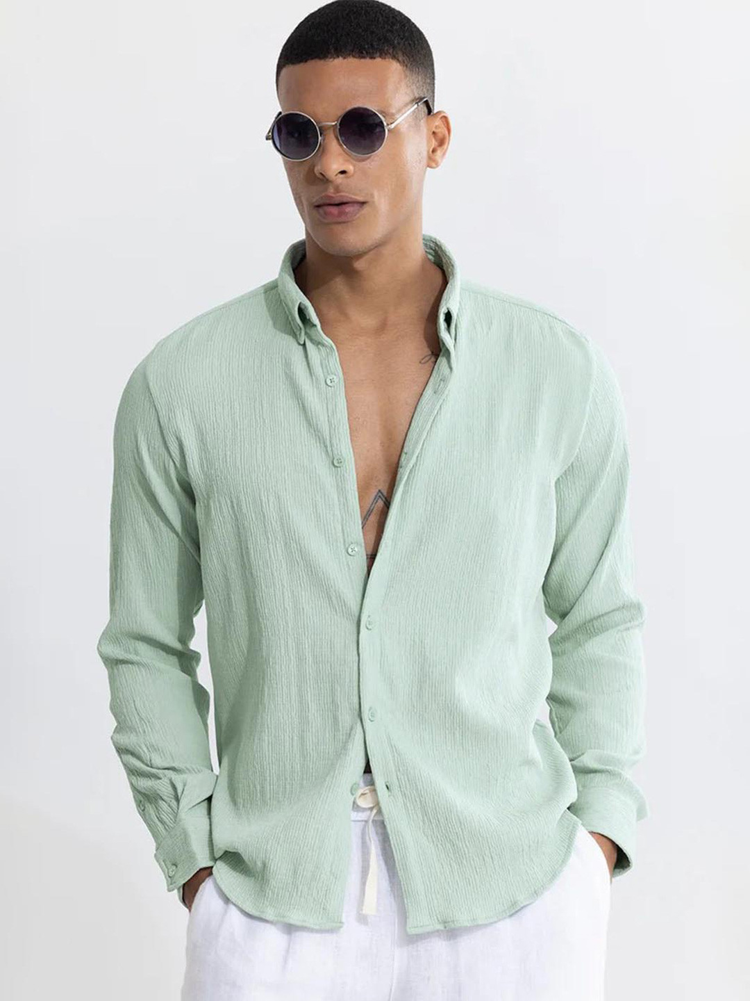 

Snitch Sea Green Classic Slim Fit Button-Down Collar Casual Shirt