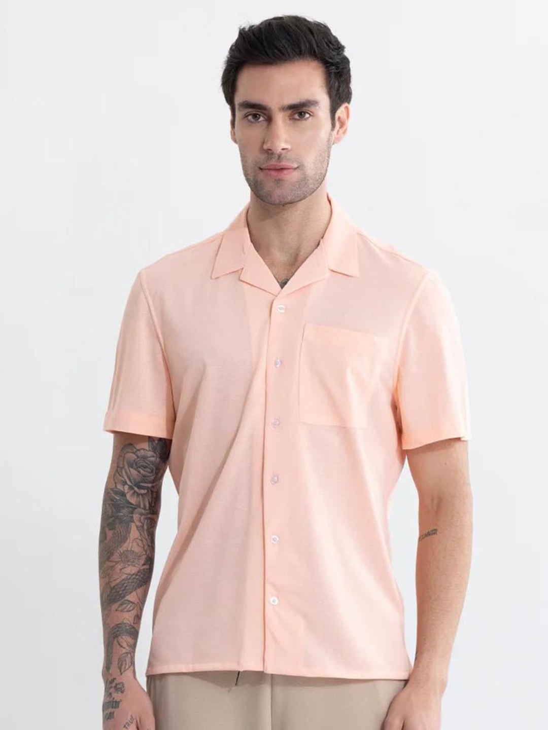 

Snitch Peach-Coloured Classic Cuban Collar Pure Cotton Casual Shirt
