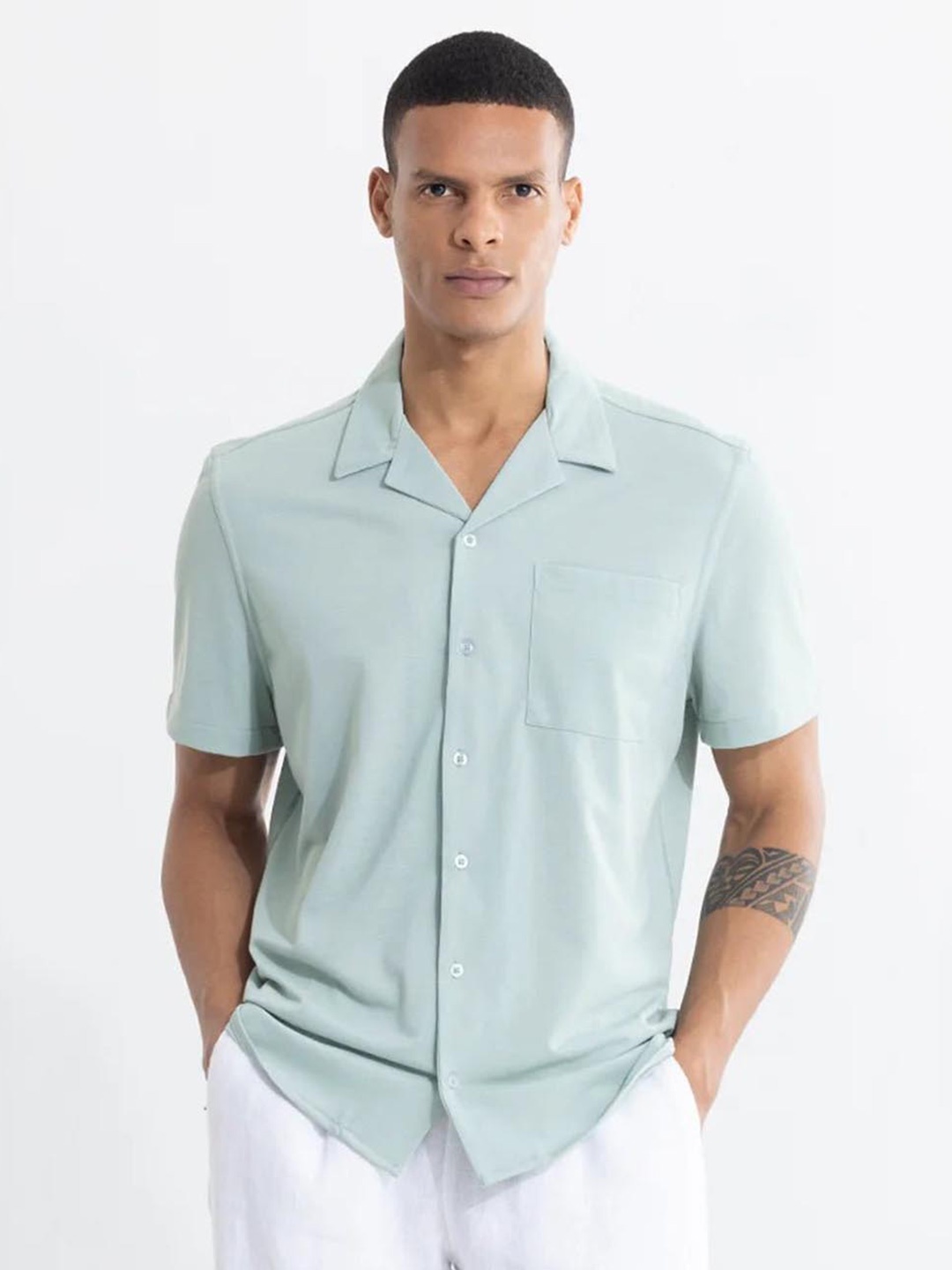 

Snitch Blue Classic Cuban Collar Pure Cotton Casual Shirt