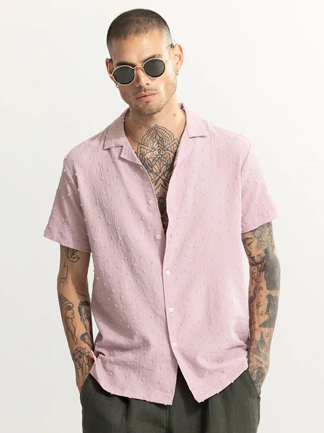 

Snitch Pink Classic Oversized Textured Self Design Cuban Collar Casual Shirt